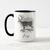 Christmas mug with antique deer etching says Joy Mok (Links)