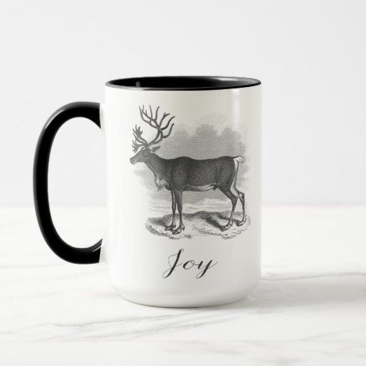Christmas mug with antique deer etching says Joy Mok (Links)