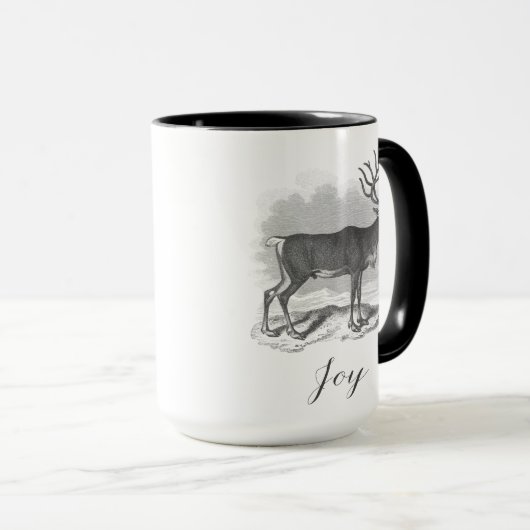 Christmas mug with antique deer etching says Joy Mok (Voorkant rechts)