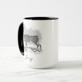 Christmas mug with antique deer etching says Joy Mok (Voorkant links)