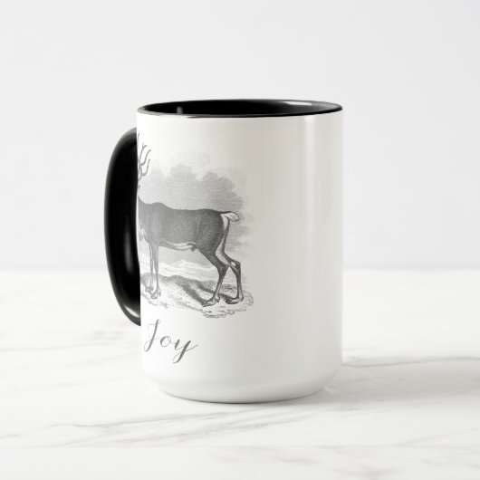 Christmas mug with antique deer etching says Joy Mok (Voorkant links)