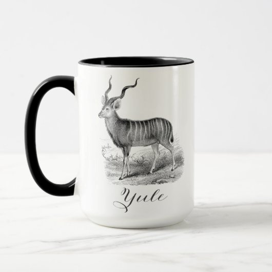 Christmas mug with antique deer etching says Yule. Mok (Links)