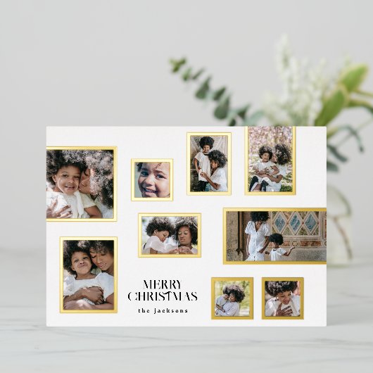 Christmas Multi Photo Collage Merry Christmas Gold Folie Feestdagenkaart (Staand Voorkant)