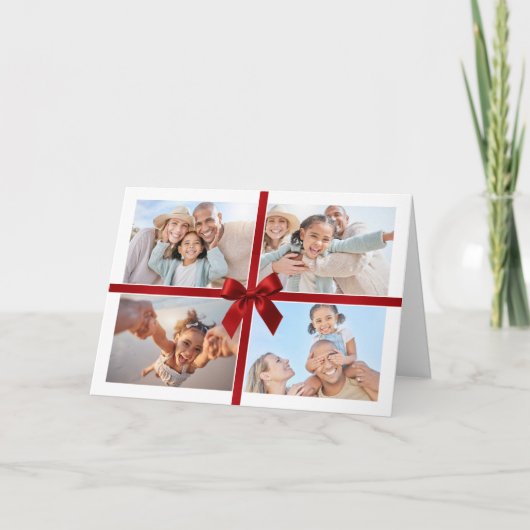 CHRISTMAS MULTI PHOTO modern gift red ribbon bow Bedankkaart (Voorkant)