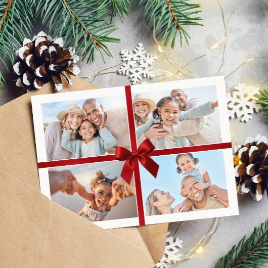 CHRISTMAS MULTI PHOTO modern gift red ribbon bow Feestdagenkaart