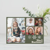Christmas Multi Photo Snowflake Sage Green Feestdagenkaart (Staand voorkant)
