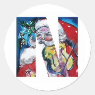CHRISTMAS N BRIEF / SANTA MET VIOLIN MONOGRAM RONDE STICKER