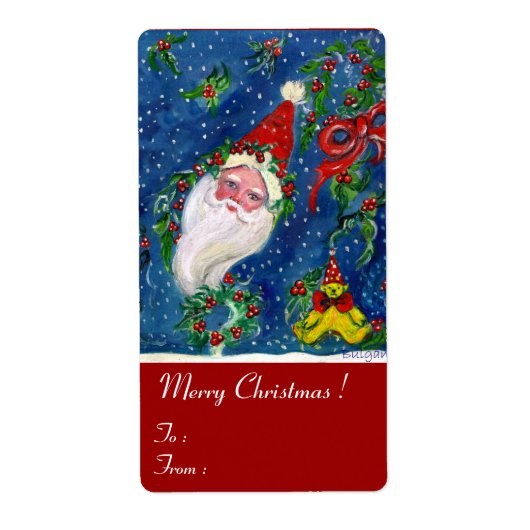 CHRISTMAS NACHT / SANTA MET TOYS EN RODE BOW ETIKET (Voorkant)