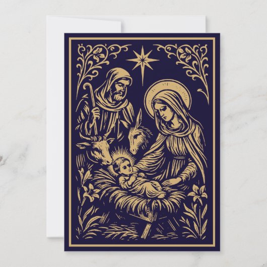 Christmas Nativity in Retro Art Nouveau Woodcut Feestdagenkaart (Voorkant)