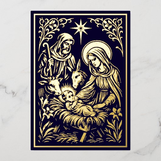 Christmas Nativity in Retro Art Nouveau Woodcut Folie Feestdagenkaart (Voorkant)