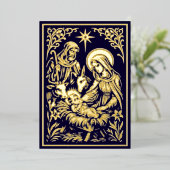 Christmas Nativity in Retro Art Nouveau Woodcut Folie Feestdagenkaart (Staand Voorkant)