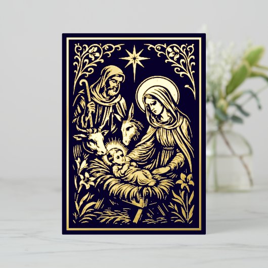 Christmas Nativity in Retro Art Nouveau Woodcut Folie Feestdagenkaart (Staand Voorkant)