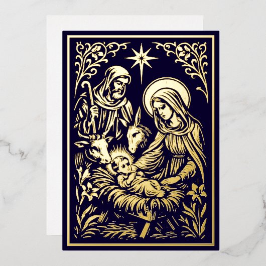 Christmas Nativity in Retro Art Nouveau Woodcut Folie Feestdagenkaart (Voorkant / Achterkant)