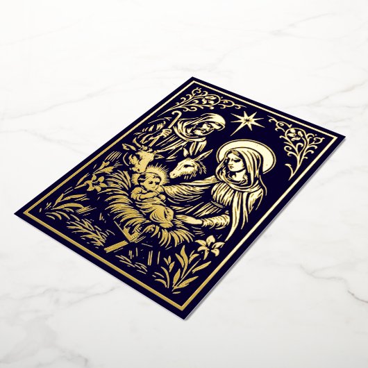 Christmas Nativity in Retro Art Nouveau Woodcut Folie Feestdagenkaart (Gedraaid)