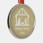 Christmas Nativity Manger Familienaam & Jaar Metalen Ornament (Rechts)