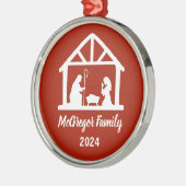 Christmas Nativity Manger Familienaam & Jaar Metalen Ornament (Links)