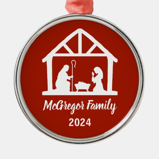Christmas Nativity Manger Familienaam & Jaar Metalen Ornament (Voorkant)