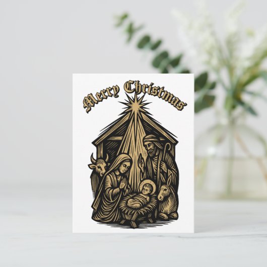 Christmas Nativity Retro Medieval Woodcut Feestdagenkaart (Staand voorkant)