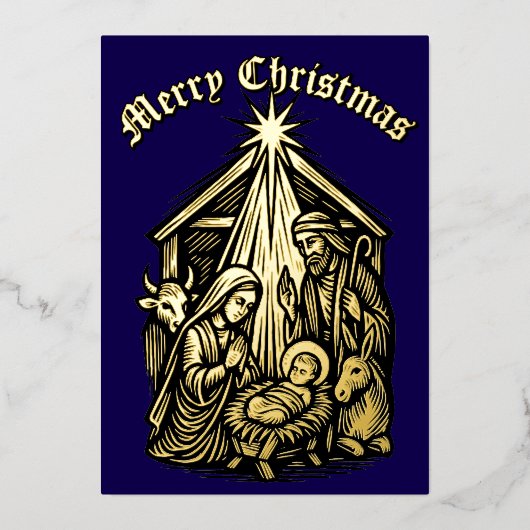 Christmas Nativity Retro Medieval Woodcut Folie Feestdagenkaart (Voorkant)