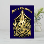 Christmas Nativity Retro Medieval Woodcut Folie Feestdagenkaart (Staand Voorkant)