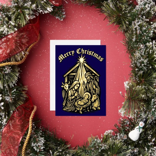 Christmas Nativity Retro Medieval Woodcut Folie Feestdagenkaart (Insitu)