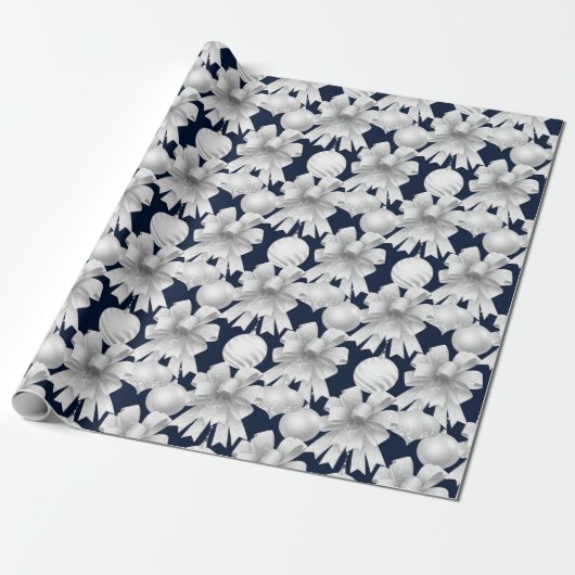 Christmas Navy Bow Velvet Pattern Cadeaupapier (Uitgerold)