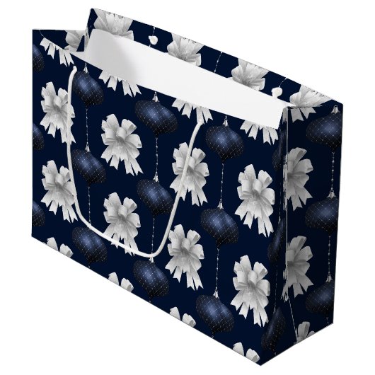 Christmas Navy Bow Velvet Pattern Groot Cadeauzakje (Voorkant Gekanteld)