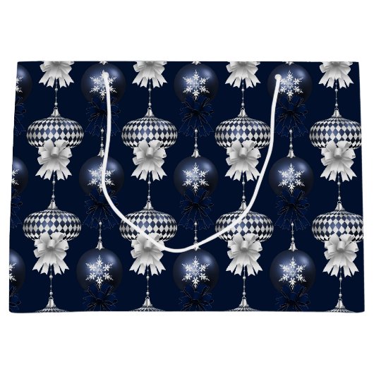 Christmas Navy Bow Velvet Pattern Groot Cadeauzakje (Voorkant)
