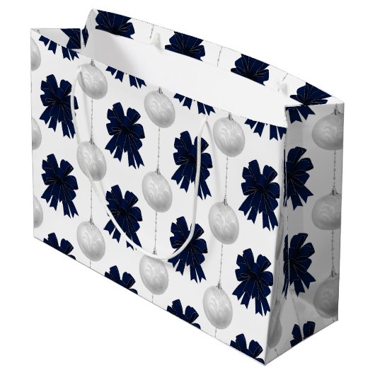 Christmas Navy Bow Velvet Pattern Groot Cadeauzakje (Achterkant Gekanteld)