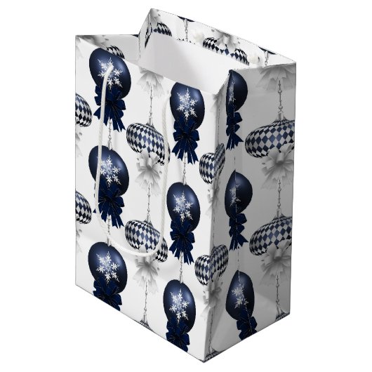 Christmas Navy Bow Velvet Pattern Medium Cadeauzakje (Voorkant Gekanteld)