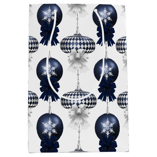 Christmas Navy Bow Velvet Pattern Medium Cadeauzakje (Voorkant)