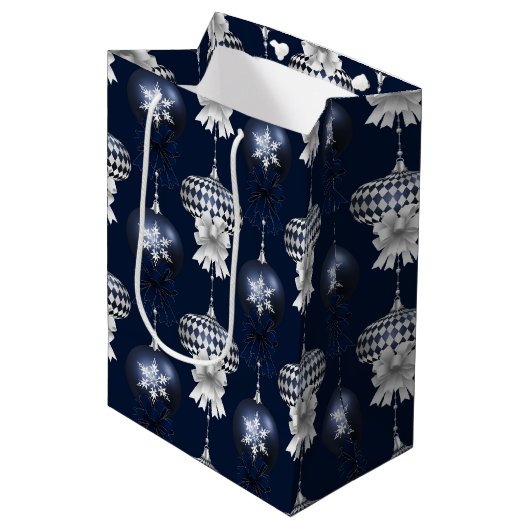 Christmas Navy Bow Velvet Pattern Medium Cadeauzakje (Voorkant Gekanteld)