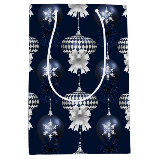 Christmas Navy Bow Velvet Pattern Medium Cadeauzakje (Voorkant)