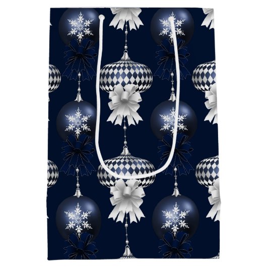 Christmas Navy Bow Velvet Pattern Medium Cadeauzakje (Achterkant)