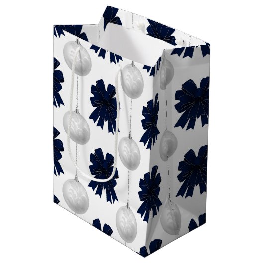 Christmas Navy Bow Velvet Pattern Medium Cadeauzakje (Voorkant Gekanteld)