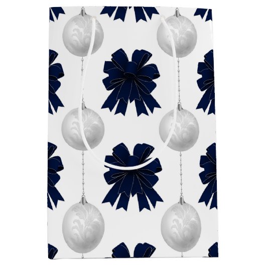 Christmas Navy Bow Velvet Pattern Medium Cadeauzakje (Voorkant)