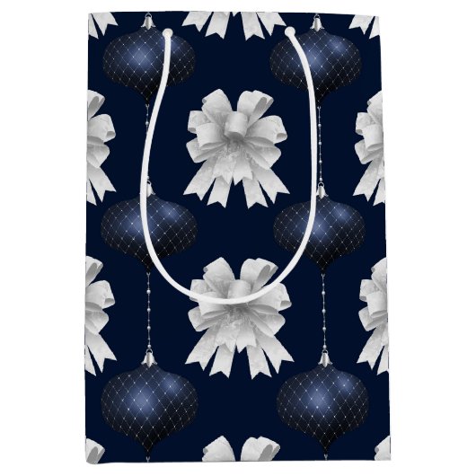 Christmas Navy Bow Velvet Pattern Medium Cadeauzakje (Voorkant)