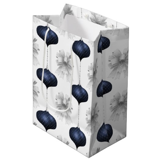 Christmas Navy Bow Velvet Pattern Medium Cadeauzakje (Voorkant Gekanteld)