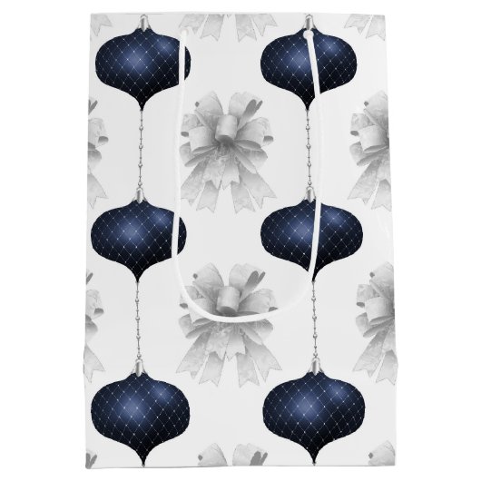 Christmas Navy Bow Velvet Pattern Medium Cadeauzakje (Achterkant)