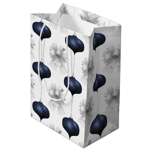 Christmas Navy Bow Velvet Pattern Medium Cadeauzakje (Achterkant Gekanteld)