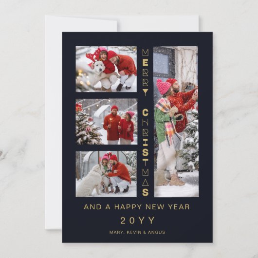 Christmas Navy & Gold 4 Multi photos Funny Script Feestdagenkaart (Voorkant)