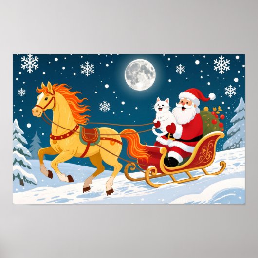 Christmas, New Year, Red Horse, Santa & White Cat Poster (Voorkant)