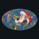 CHRISTMAS NIGHT / SANTA BUGLER OVALE STICKER<br><div class="desc">Kleurrijk,  fris en artistiek acrylschilderij voor Kerstmis.</div>