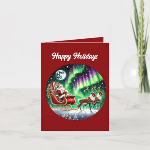 Christmas Northern Lights Santa sleigh voeg berich Feestdagen Kaart