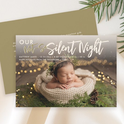 Christmas Not Silent Night Gold Funny Baby Photo Aankondiging