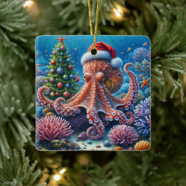 Christmas Octopus Wearing a Santa Hat Keramisch Ornament