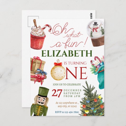 Christmas Oh What Fun First Birthday Briefkaart (Voorkant / Achterkant)