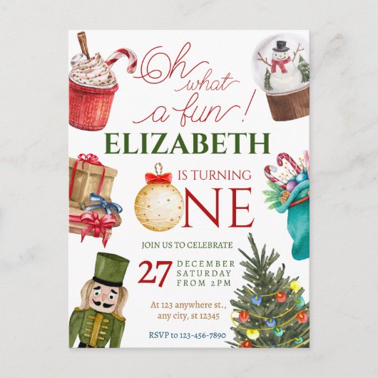 Christmas Oh What Fun First Birthday Briefkaart (Voorkant)