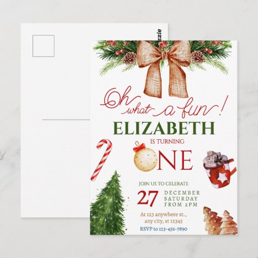 Christmas Oh What Fun First Birthday Invitation Briefkaart (Voorkant / Achterkant)