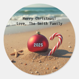 Christmas on the beach starfish candy cane ronde sticker